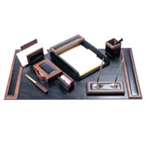 Walnut & Black Leather Desk Set, 8pc